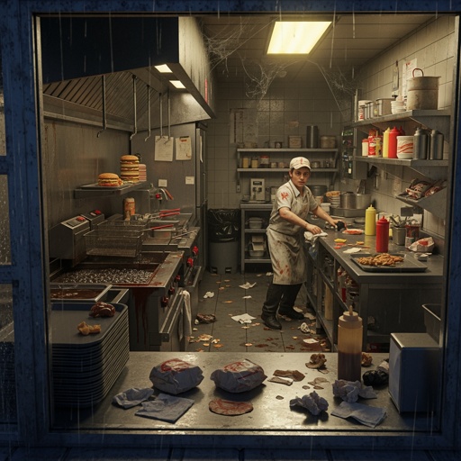 shutterstock_2705957231.jpg A fast food worker in a messy kitchen preparing burgers