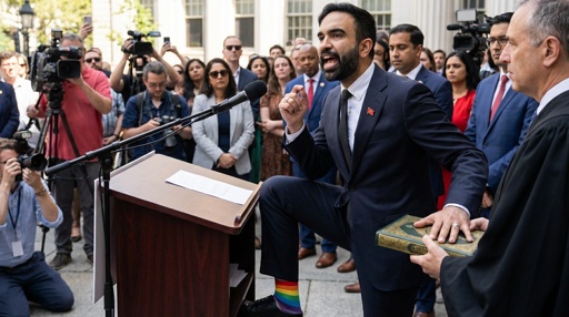 shutterstock_2723315731.jpg A speaker at a podium passionately addressing a crowd, wearing rainbow socks