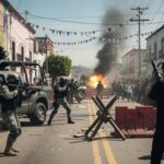 CIA Officers KILLED — Mexico Cover-Up Exposed… A chaotic urban scene with armed soldiers and an explosion in the background