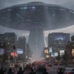 SHOCKING UFO Advocate Death—Warned Days Before… A large UFO hovering over a city street with people looking up in awe