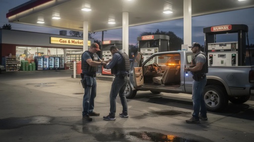 shutterstock_2762562645.jpg Police officers conducting an operation at a gas station at night