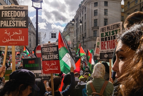 London,,Uk;,Oct,14,,2023:,Thousands,Of,Pro-palestinian,Demonstrators,Took Crowd of protesters holding signs and Palestinian flags during a rally for Palestinian freedom