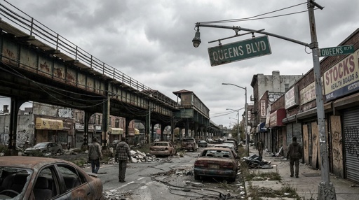 shutterstock_2706446985.jpg Desolate street scene on Queens Boulevard with abandoned cars and buildings