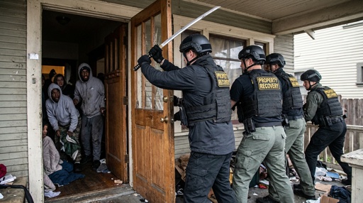 Law enforcement officers conducting a property recovery raid