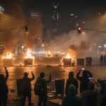WATCH: Delaney Hall Protests Take Dark Turn… A nighttime protest scene with fires and people holding phones