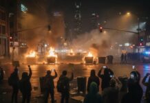 WATCH: Delaney Hall Protests Take Dark Turn… A nighttime protest scene with fires and people holding phones