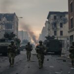Tucker Challenges Israel in Fiery CLASH…. Soldiers walking through a devastated urban street with military vehicles