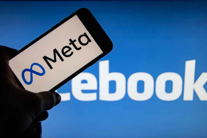 206659699 Meta logo on phone, Facebook logo in background.