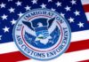 ICE emblem on an American flag