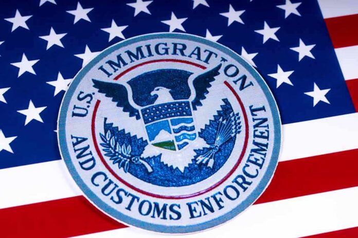 shutterstock_1055129168 ICE emblem on an American flag