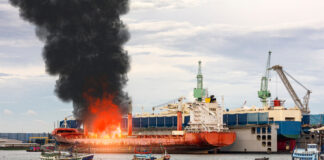 A large ship on fire with black smoke rising, surrounded by smaller fishing boats in a harbor