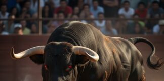 A powerful bull charging in a bullfighting arena with spectators in the background