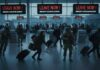Safe Zones Bombed — Trust Shattered Crowd of people in an airport responding to evacuation alerts with military personnel present