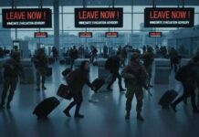 Safe Zones Bombed — Trust Shattered Crowd of people in an airport responding to evacuation alerts with military personnel present