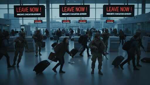 Travelers,Scrambling,At,Airport,With,Military,Guards,Digital,Signs,Advise Crowd of people in an airport responding to evacuation alerts with military personnel present