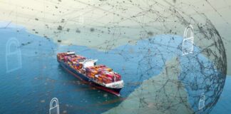 Container ship at sea under a digital security network overlay