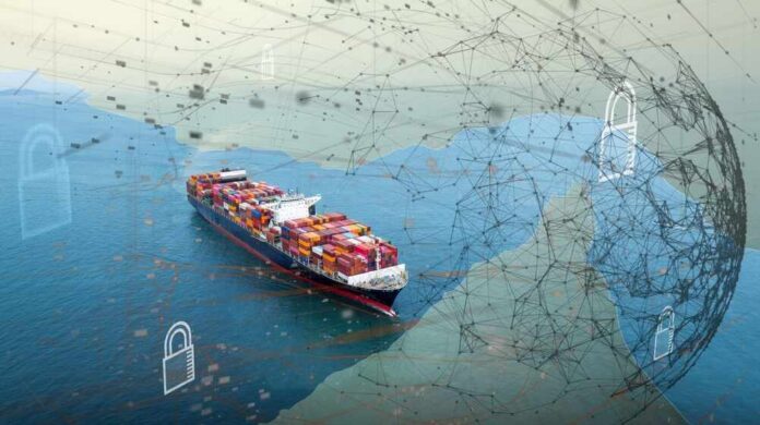Container,Ship,With,Digital,Security,Lock,And,Network,Overlay.concept,Of Container ship at sea under a digital security network overlay