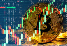 Bitcoin symbol overlaid with stock market graphs.