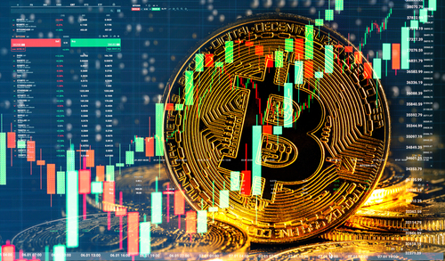 Bitcoin symbol overlaid with stock market graphs.