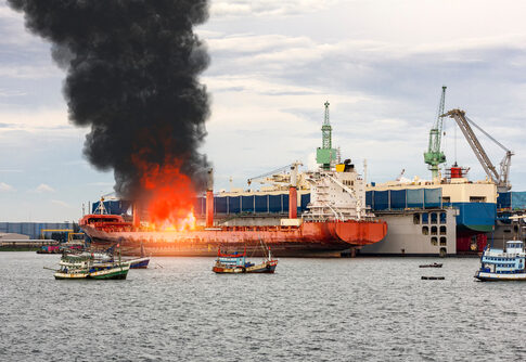 A large ship on fire with black smoke rising, surrounded by smaller fishing boats in a harbor