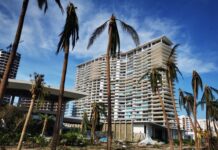 Damaged high-rise building with bent palm trees around.