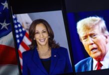 Kamala Harris and Donald Trump side by side on screens.