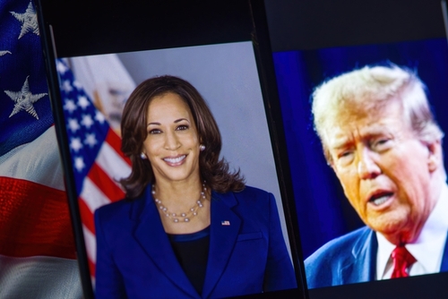 Kamala Harris and Donald Trump side by side on screens.