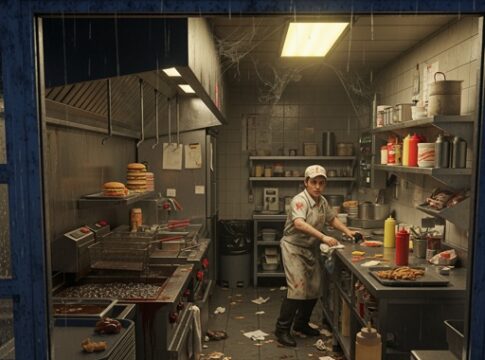 A fast food worker in a messy kitchen preparing burgers