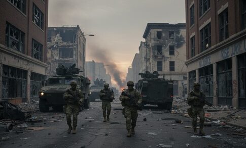 Soldiers walking through a devastated urban street with military vehicles
