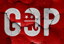 GOP logo on cracked, distressed red background.